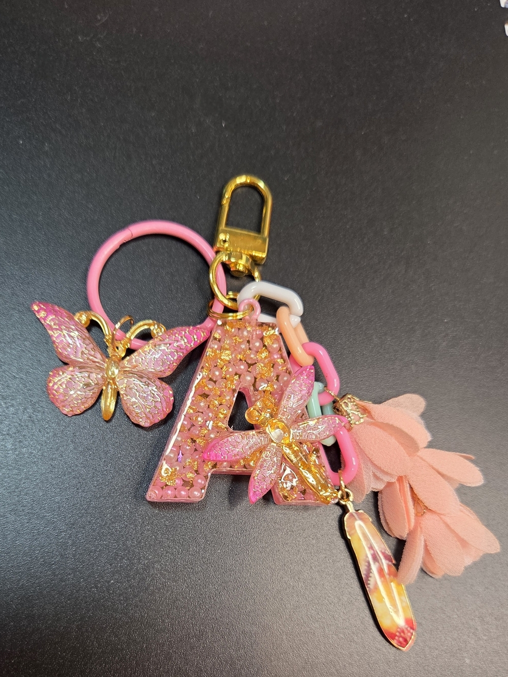 Pink Pearl & Gold Leaf Initial "A" Keychain with a Dragonfly & Butterfly